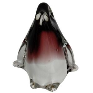 Art Glass Penguin Figurine‎ Paperweight Decor Accent Black burgundy White